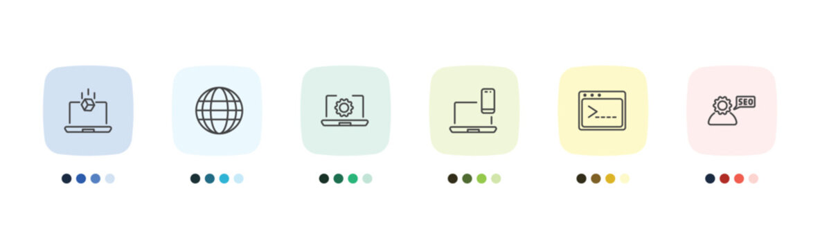 information technology icon set with simulation, web page, code terminal, seo consulting signs in flat outline style