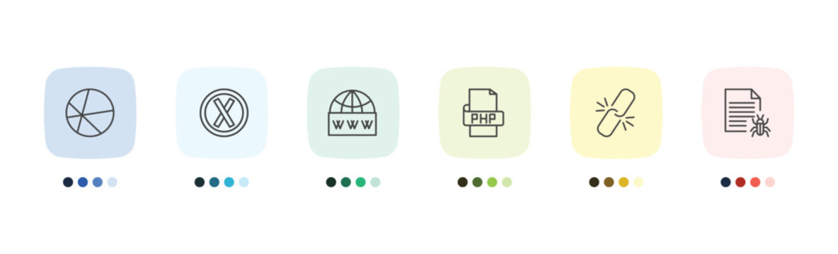 information technology icon set with theme, error, broken link, bug report signs in flat outline style
