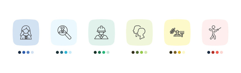 Fototapeta premium people and relation icon set with norwegian, recruit, farmer working, fencing attack signs in flat outline style