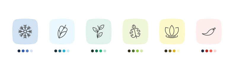 nature icon set with big snowflake, philodendron, asian, falcate signs in flat outline style © Abstract