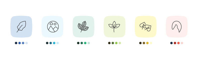 nature icon set with magnolia leaf, landscape inside frame, cercis leaf, hair style signs in flat outline style © Abstract