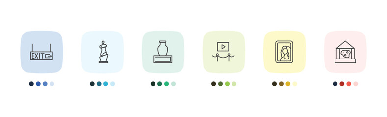 museum and exhibition icon set with exit, venus de milo, gioconda, geological signs in flat outline style © Abstract