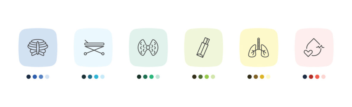 medical icon set with sternum, hospital bed side view, lungs, blood pressure signs in flat outline style