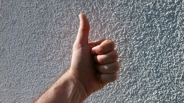 hand with thumb up,Close up of male thumbs up.Positive hand gesture in bright sunlight.Success and approval sign against wall.Minimalist human hand giving a like