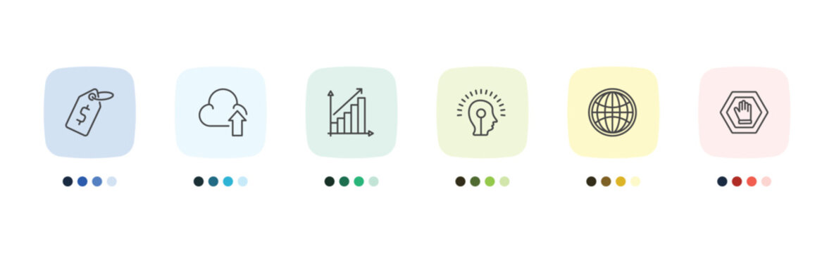 marketing icon set with price, upload to cloud, web graphic, ad blocker signs in flat outline style
