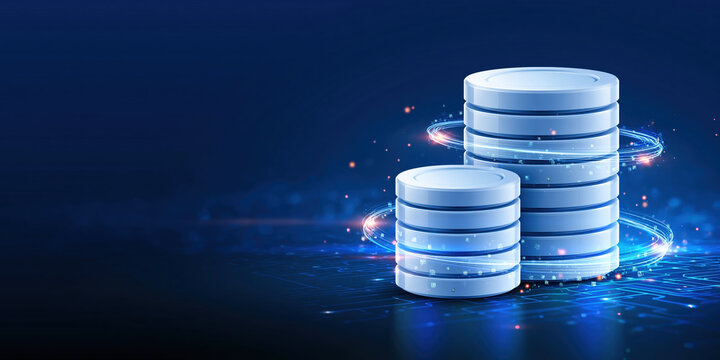 Data transfer visualization showing stacked database cylinders with glowing network motion