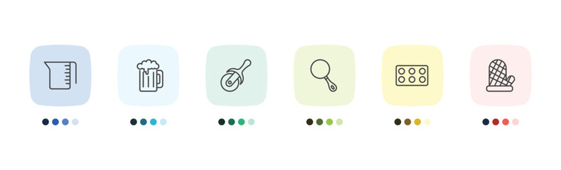 kitchen icon set with measuring cup, beer, mould, mitten signs in flat outline style