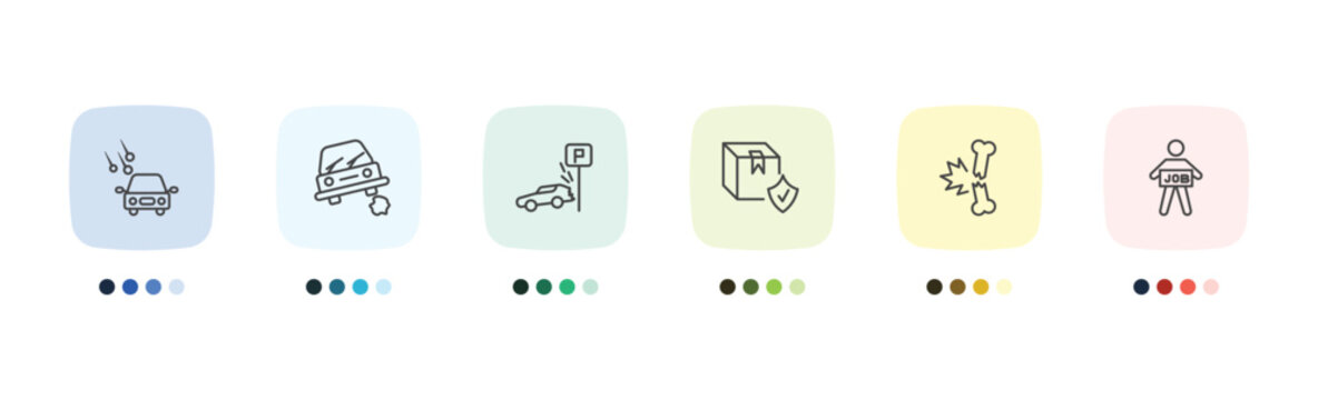 insurance and coverage icon set with hail on the car, stone on the road, fracture, unemployed signs in flat outline style