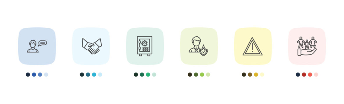 insurance and coverage icon set with insurance advice, shake hands, disaster, familiar insurance signs in flat outline style