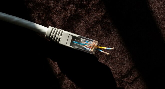 Flat lay directly overhead view cut CAT6 ethernet cable exposed.