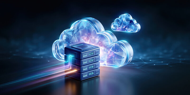 Cloud server data transfer and secure backup with glowing network connections and futuristic