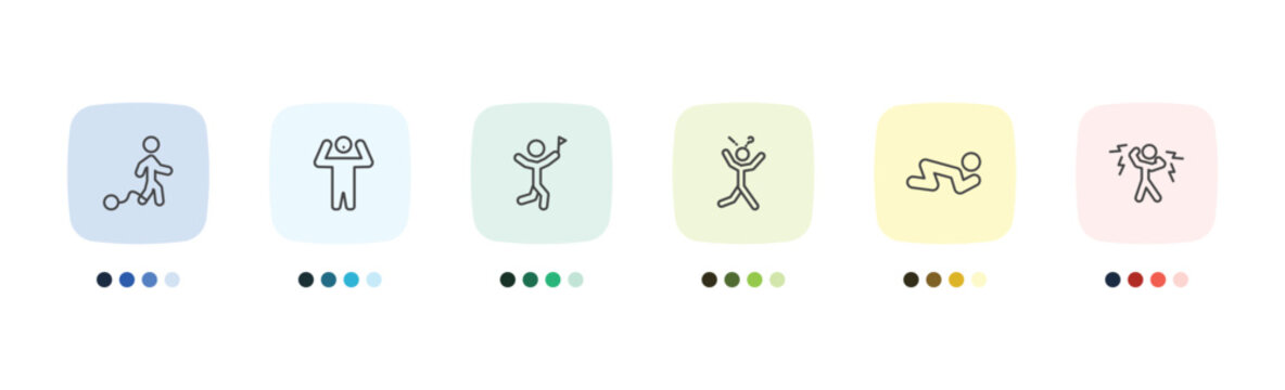 feeling and reaction icon set with guilty human, amazed human, grateful human, shocked signs in flat outline style