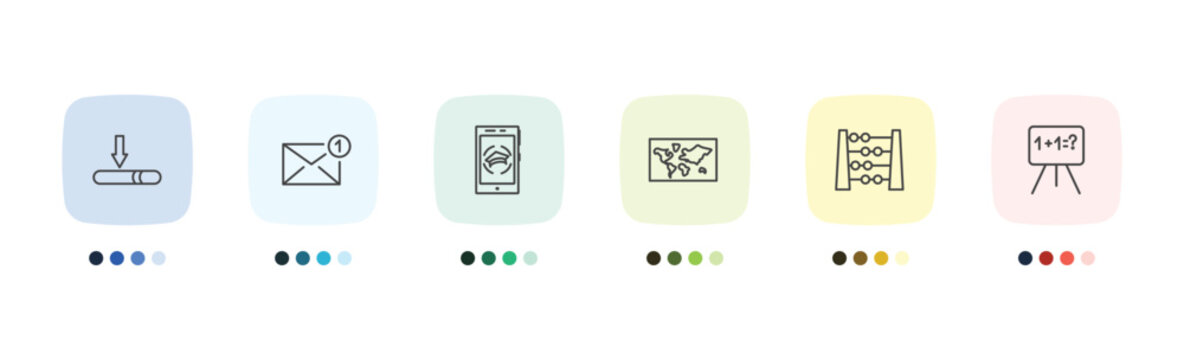 education icon set with window scrolling medium, new email, abcus, math class signs in flat outline style