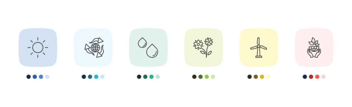 ecology icon set with sunlight, recycling, wind mills, ecology signs in flat outline style
