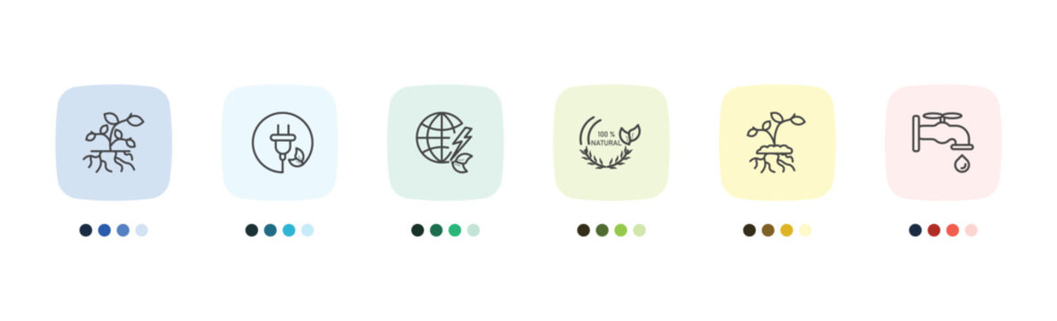 ecology icon set with plant and root, sustainability, growing plant, water tap signs in flat outline style