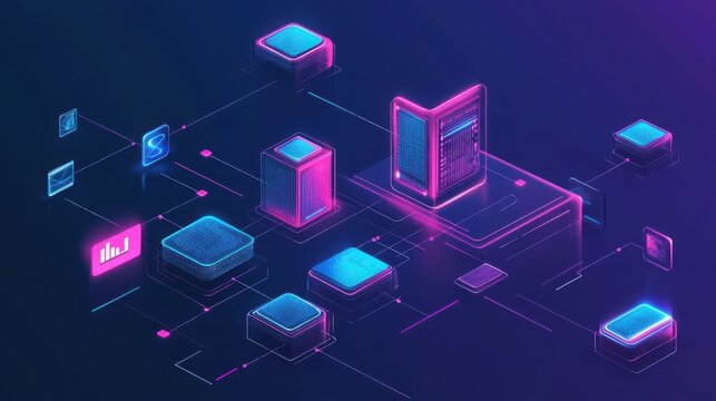 Neon-lit API gateway with data flows and microservices