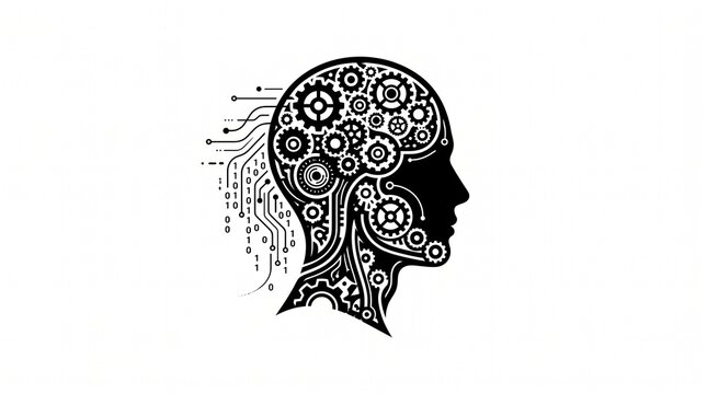 Human head silhouette features intricate mechanical gears and digital circuit board patterns representing the complex nature of artificial intelligence and cognitive computing systems.