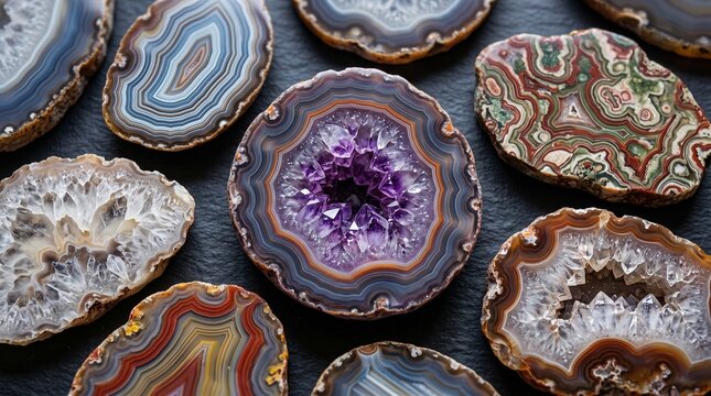 Group of polished agate and amethyst crystal slices arranged on textured surface