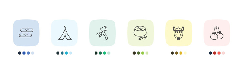 culture and civilization icon set with spring rolls, native american wigwam, native american mask, dumplings signs in flat outline style © Abstract