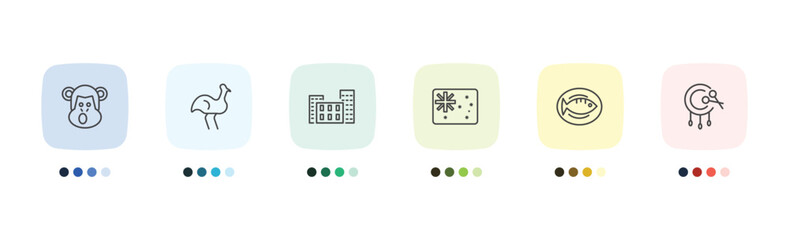 culture and civilization icon set with chimp face of brazil, australian emu, cantonese fish, native american drum signs in flat outline style © Abstract