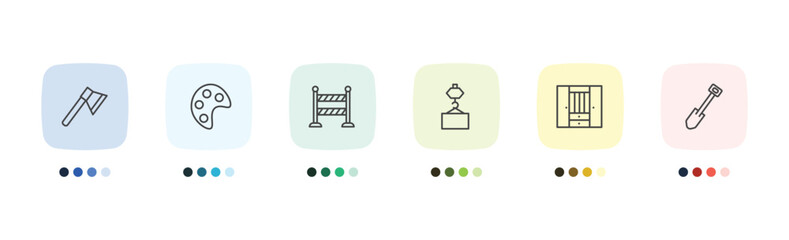 construction icon set with inclined ax, pallete, big clo, short shovel signs in flat outline style © Abstract