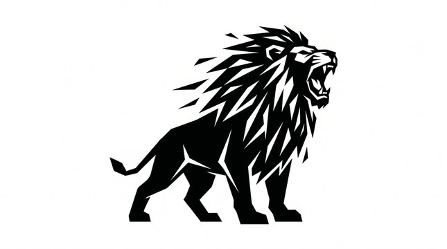 Lion stands in a dynamic roaring pose created with sharp graphic lines to emphasize majesty and wild energy.