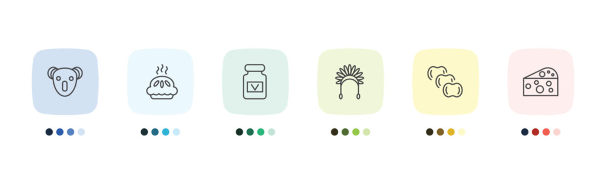 culture and civilization icon set with australian koala, meat pie, ajotomate, goat cheese signs in flat outline style