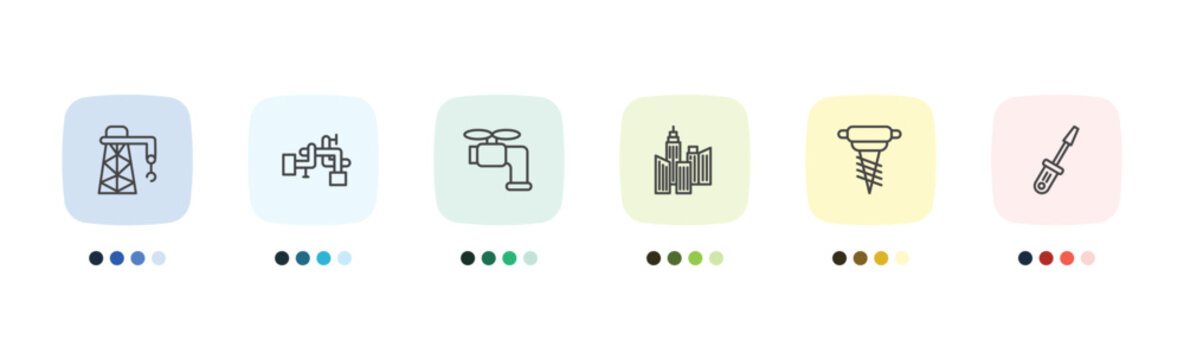 construction icon set with derrick facing right, adjustment system, pickaxes drilling, signs in flat outline style