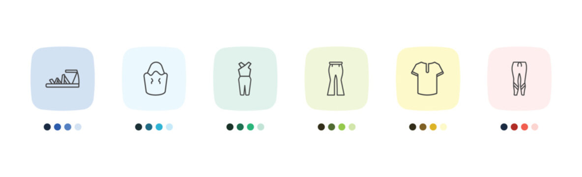clothes and outfit icon set with gladiator sandal, bucket bag, henley shirt, leggins signs in flat outline style