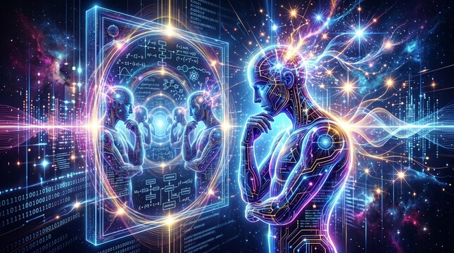 Humanoid figure contemplates existence within a digital landscape filled with glowing neural pathways and complex data streams that represent the future of artificial intelligence development.