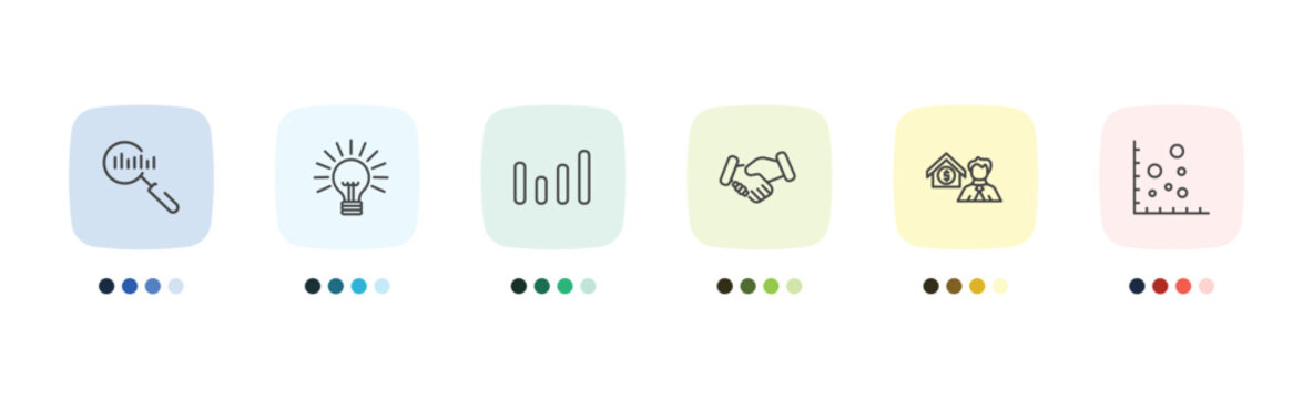 business and finance icon set with search analytics, round light bulb, mortgage and man, scatter chart signs in flat outline style