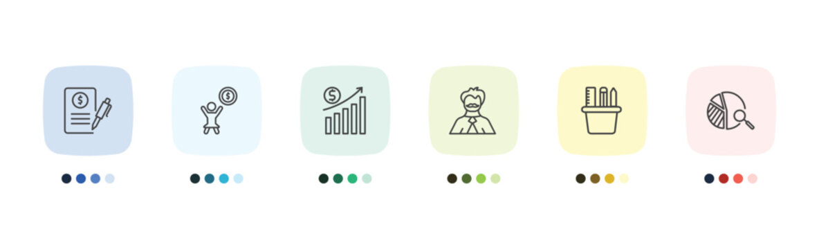 business and analytics icon set with bailment, woman holding big coin, supplies, data analysis pie chart signs in flat outline style