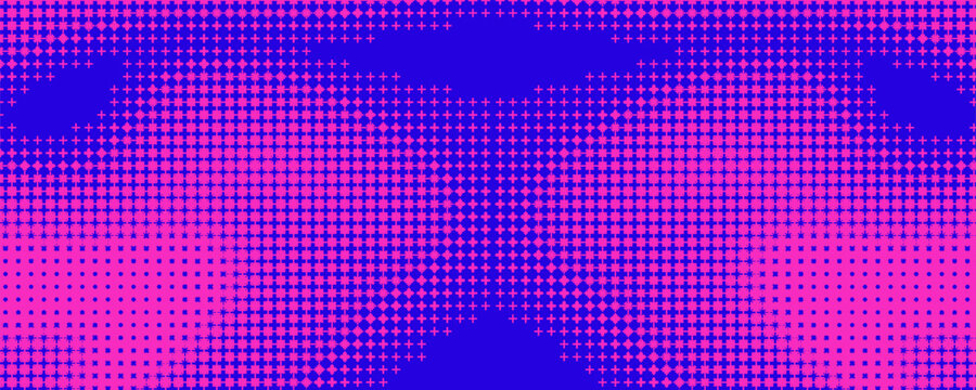 Pixelated bitmap gradient texture. Blue and pink dither pattern background. Abstract glitchy pattern. 8 bit video game screen wallpaper. Wide pixel art retro illustration. Vector backdrop