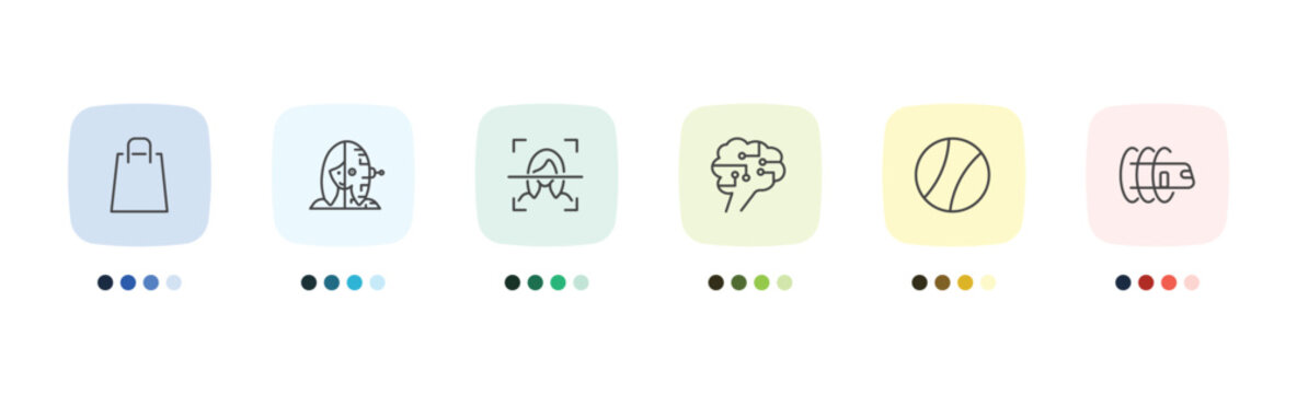 ai and future technology icon set with shopping bag, humanoid, ball, hyperloop signs in flat outline style