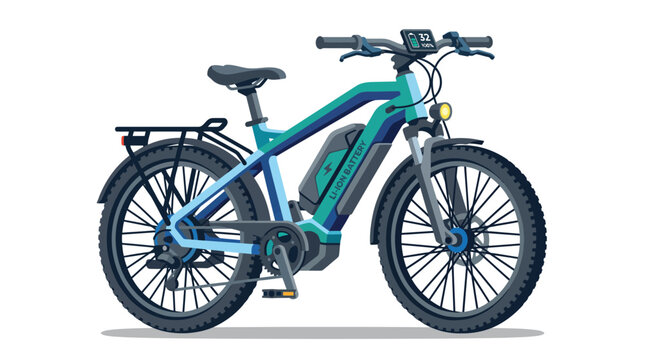 Modern electric bicycle with li ion battery pack and digital display screen isolated on a clean white background graphic