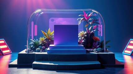 Obraz premium Vibrant display pedestal. Lush plants surround central blue cube. Neon lights illuminate futuristic scene. Dramatic lighting creates depth.