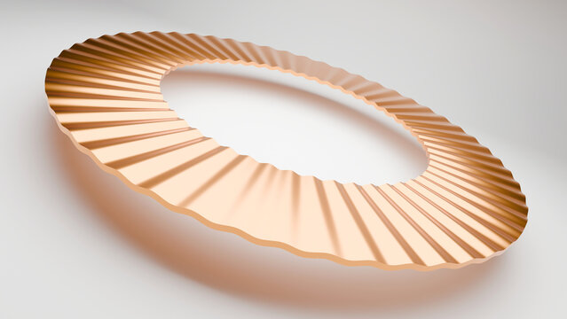 Abstract 3D minimalist background featuring a floating pleated metallic ring in elegant rose gold. Perfect for luxury product staging, modern jewelry branding, and clean web banners