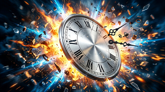 Exploding clock, shattered time, countdown blast, dynamic destruction