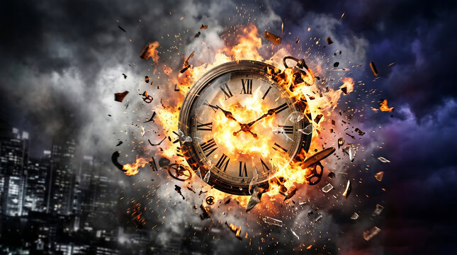 Exploding clock, burning time, fiery destruction, dramatic chaos