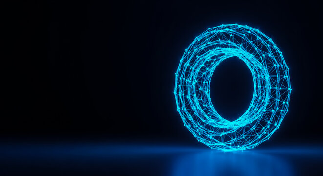 A modern, glowing blue circular digital structure with intricate lines and patterns, set against a dark backdrop. Conceptualizes technology, innovation, and futurism.