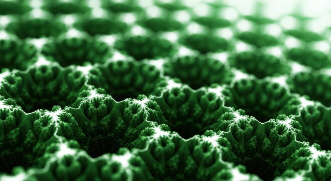 Intricate green fractal pattern with repeating geometric structures. Abstract mathematical design visualizing complexity in nature. Digital art texture for backgrounds and scientific illustrations.