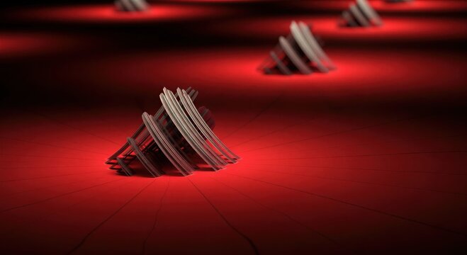Abstract metallic prongs forming layered structures on red background. Futuristic silver forks in dramatic glow. Conceptual design for modern digital art and visual innovation.