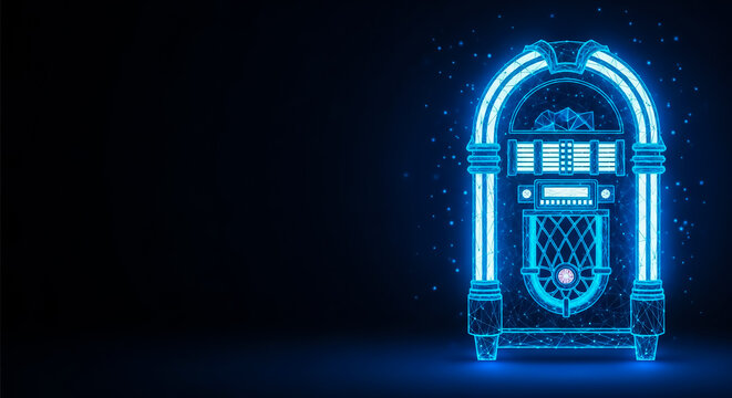 A vibrant neon blue jukebox stands alone on a dark background, evoking a retro and futuristic vibe.