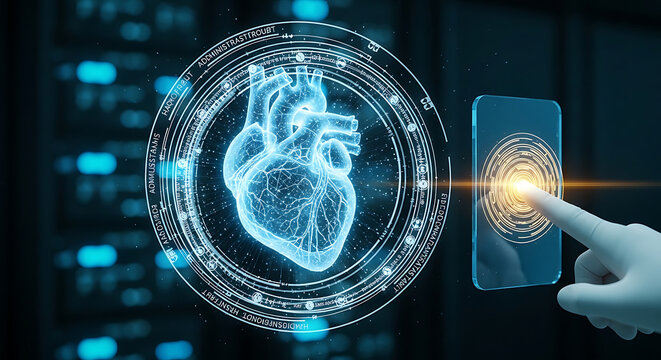 HIPAA Compliant Medical Data Security Concept with Digital Heart Hologram and Healthcare Professional Accessing Patient Records in Secure Server Room