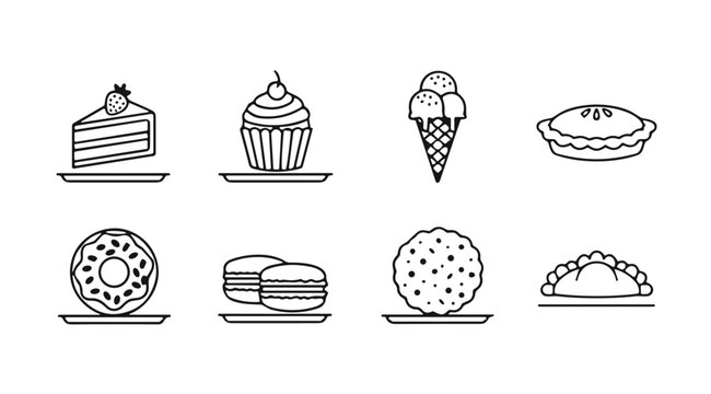  Stylized Set of Cake, Cupcake, Ice Cream, Donut, Cookie, Macaron, Pie, and Pastry Silhouette Vector Illustration