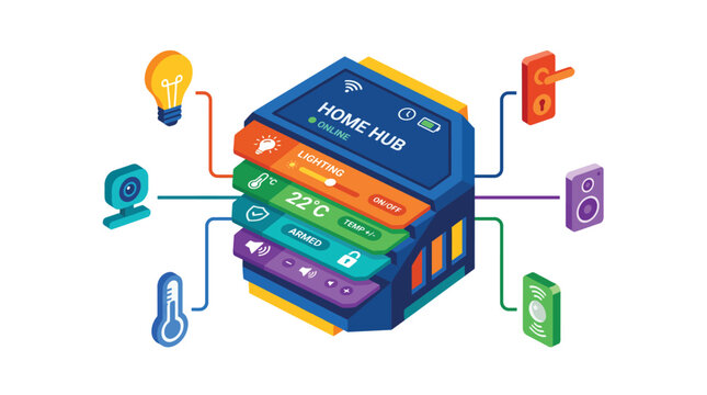 Isometric smart home hub controller interface featuring connected devices and automated system management icons and ui