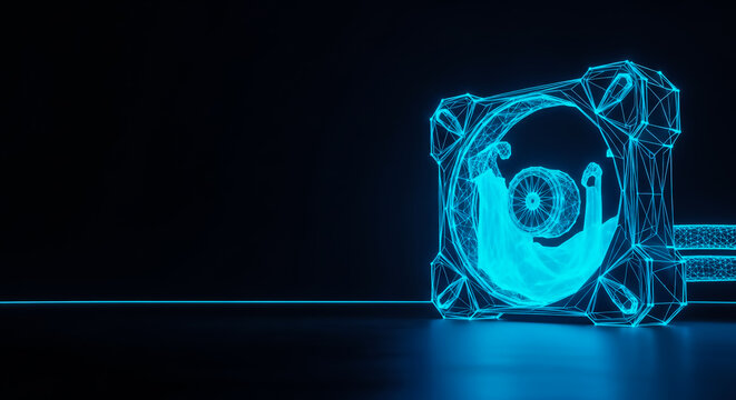 A high-detail 3D rendered image of a glowing blue computer CPU cooling fan on a sleek, dark background with a subtle light trail.