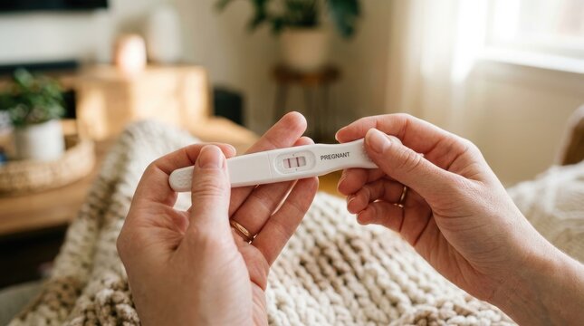 Positive pregnancy test result held in hands expecting motherhood first trimester confirmation family planning concept