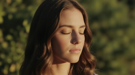 Naklejka premium Woman with eyes closed feels sunlight on face. Serene natural background with green blurred foliage. Golden hour light warms her skin. She looks peaceful, relaxed, and happy.