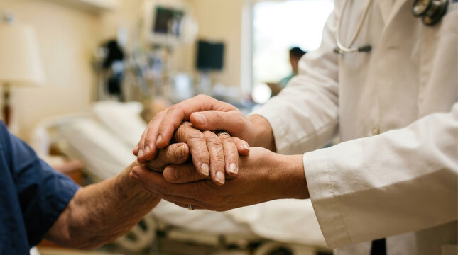 A doctor in a white coat holds a patient's hand in a hospital room showing empathy and care